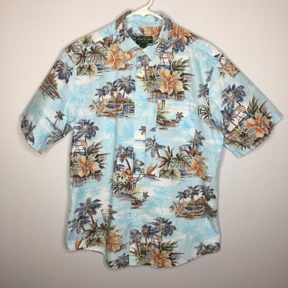 David Taylor Hawaiian Aloha Shirt Mens M Blue Button Down Outrigger Hibiscus - Picture 2 of 7